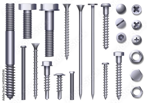Realistic metal bolts, steel nuts, rivets and screws. Stainless construction hardware top and side view. Chrome bolt and pin head vector set photo