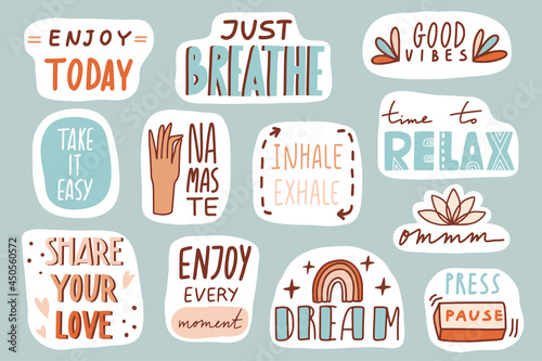 Yoga, mindfulness patches collection. Stickers, badges photo
