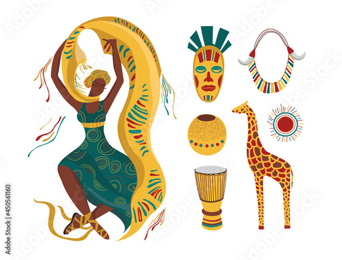 Collection of African illustrations. A dark-skinned woman is dancing. African subjects. Culture of nigeria; national things and clothes. Interesting souvenirs. Prints for clothes, cards, design.