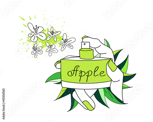 Green perfume sprinkling with flowers in a female hand with green manicure on a background of leaves. Lettering apple. Vector illustration for advertising perfume, booklets, banners, stickers, posters