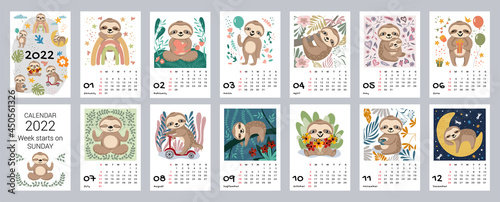 Monthly children's calendar for 2022. Bright vertical design with stylized sloths doing different activities. Editable vector illustration, set of 12 months with cover. Week starts on Monday.