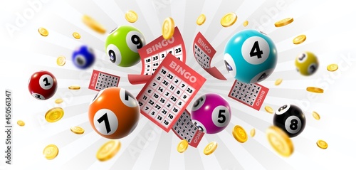 Bingo winner background with lottery tickets, balls and gold coins. Realistic keno gambling game win poster with cards burs vector concept photo