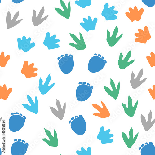 Seamless repeat pattern with different shape colorful dinosaur foot prints tracks on a white background. Great for boys and kids designs