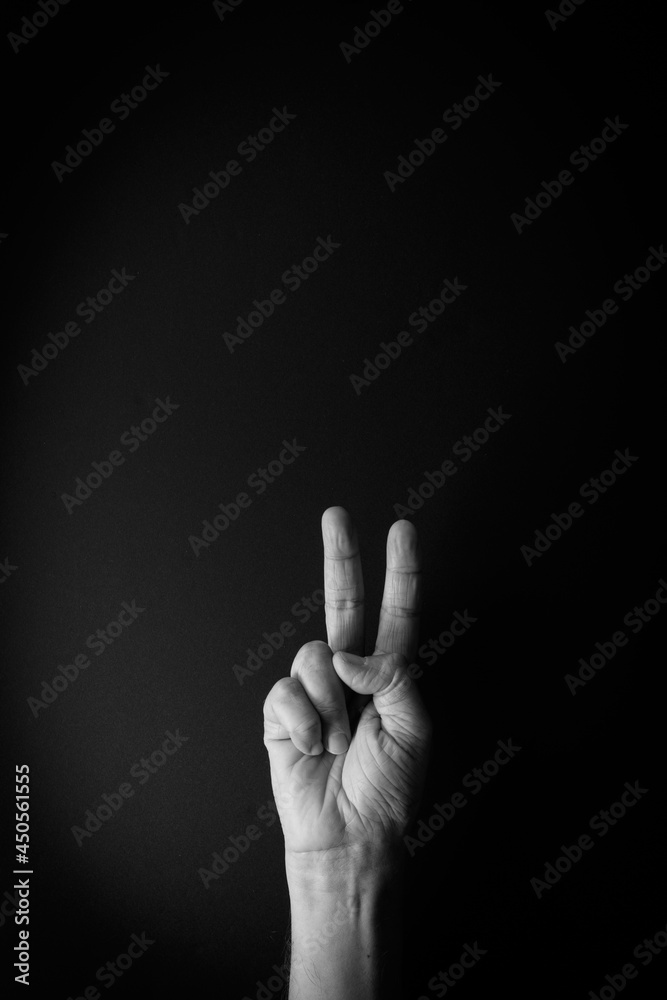 Black and white image of hand demonstrating sign language number two against black background with empty copy space Black and white image of hand demonstrating sign language number two against black background with empty copy space