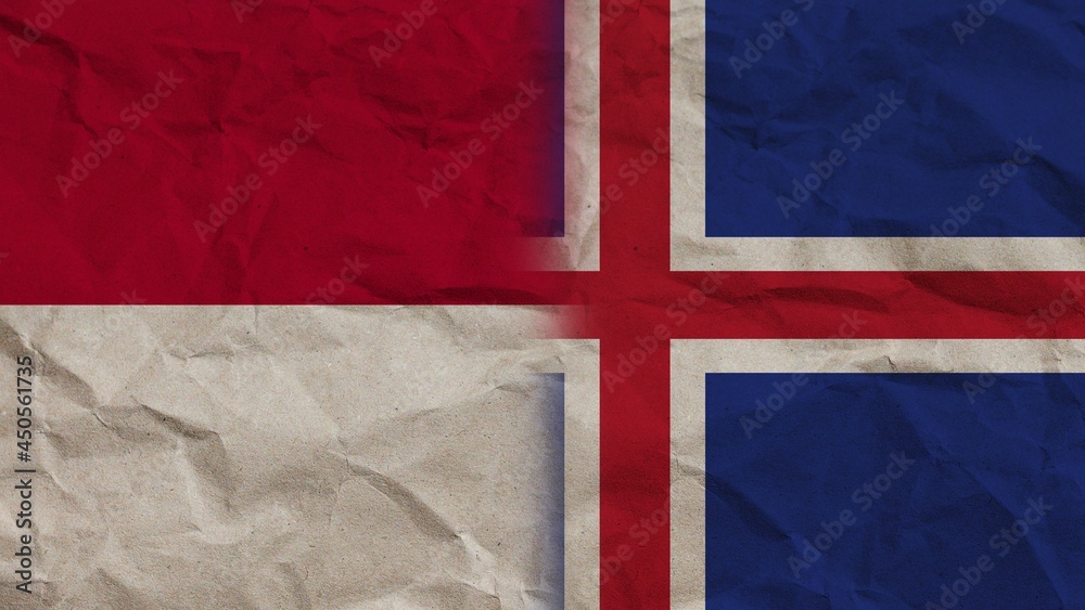 Fototapeta premium Iceland and Indonesia Flags Together, Crumpled Paper Effect Background 3D Illustration