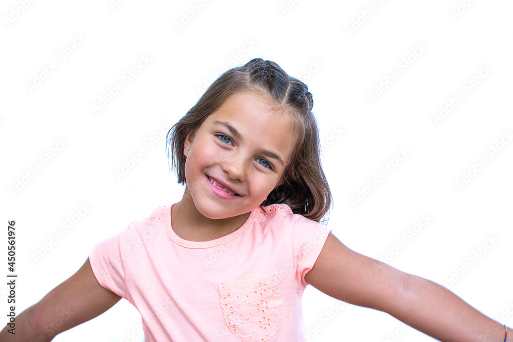Portrait Of Girl On White Background. Little Girl Of 6 Years Caucasian Has Blue Eyes. Image With Copy Space.Child With Happy And Funny Expression Portrait Of Girl On White Background. Little Girl Of 6 Years Caucasian Has Blue Eyes. Image With Copy Space.Child With Happy And Funny Expression