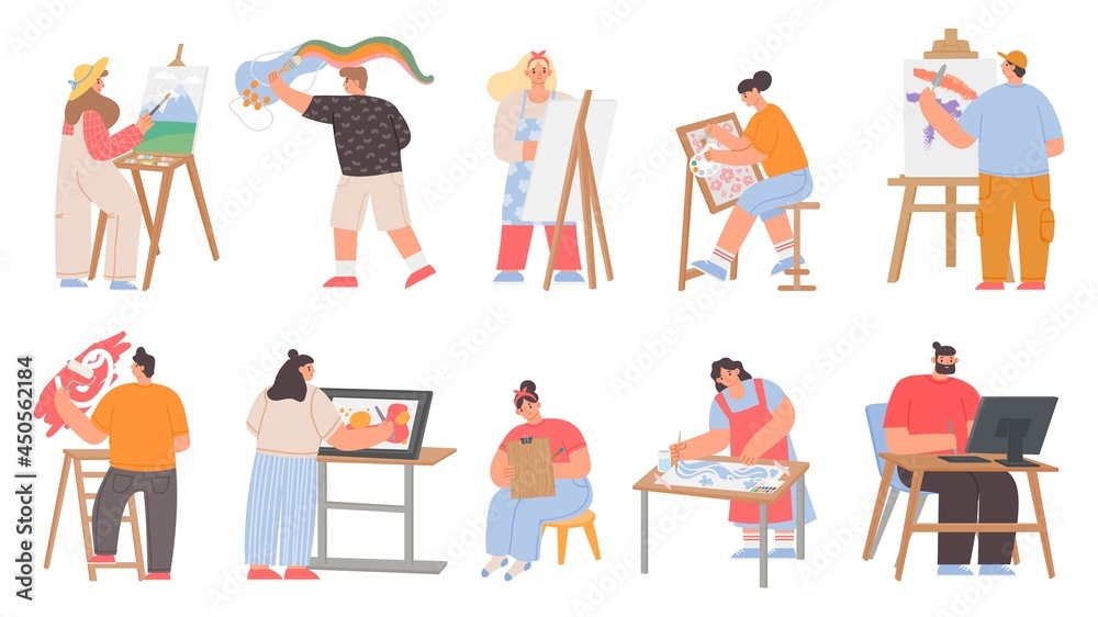 Art painters, digital artists and graphic designer characters. Men and women draw painting on canvas easel. Creative job or hobby vector set Art painters, digital artists and graphic designer characters. Men and women draw painting on canvas easel. Creative job or hobby vector set