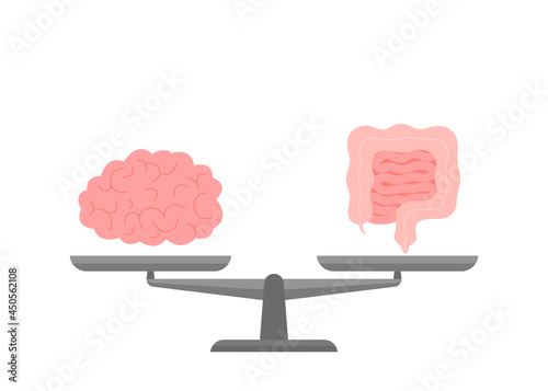 Connection and equality health of brain and intestine gut on scale. Relation health of human brain and gut, second brain. Unity on libra of mental and digestive. Vector flat cartoon illustration