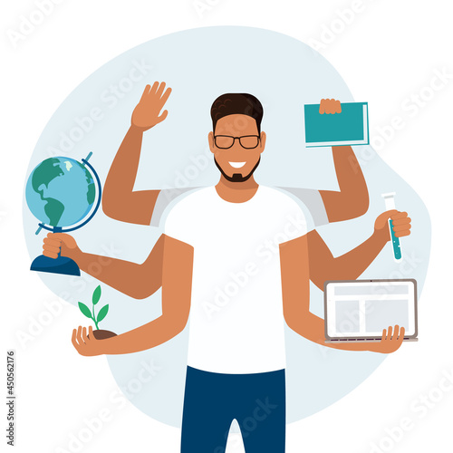 Multitasking black teacher with six hands. Smiling teacher in school. Skillful person. Success in tasking and learning