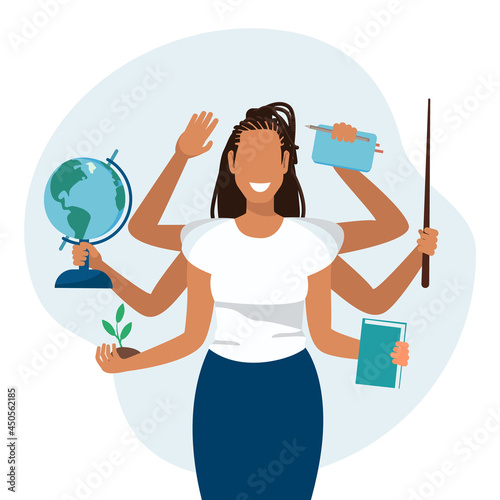 Multitasking smiling teacher with a pointer, books, a plant and a globe. Young black woman character with many hands. Vector Illustration in flat style.