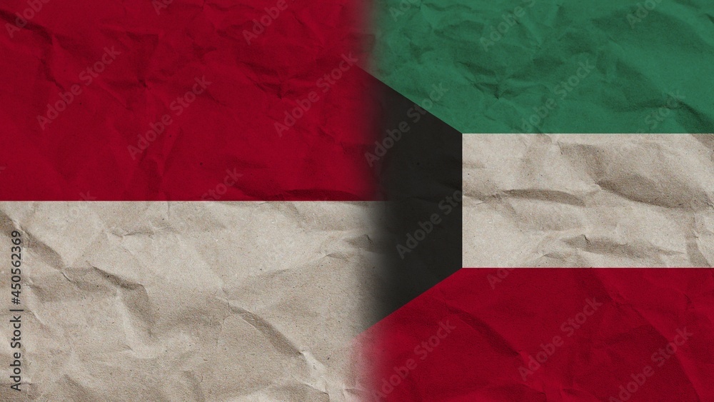 Kuwait and Indonesia Flags Together, Crumpled Paper Effect Background 3D Illustration