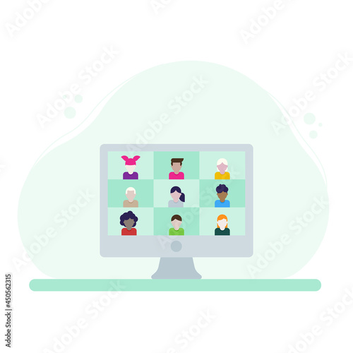 Online class on video conferencing. The children attend the teacher in online class. Desktop computer device video call. Vector illustration, flat design