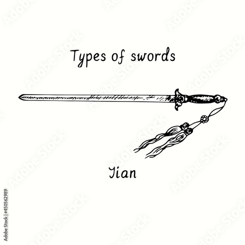 Types of swords. Jian. Ink black and white doodle drawing in woodcut style.