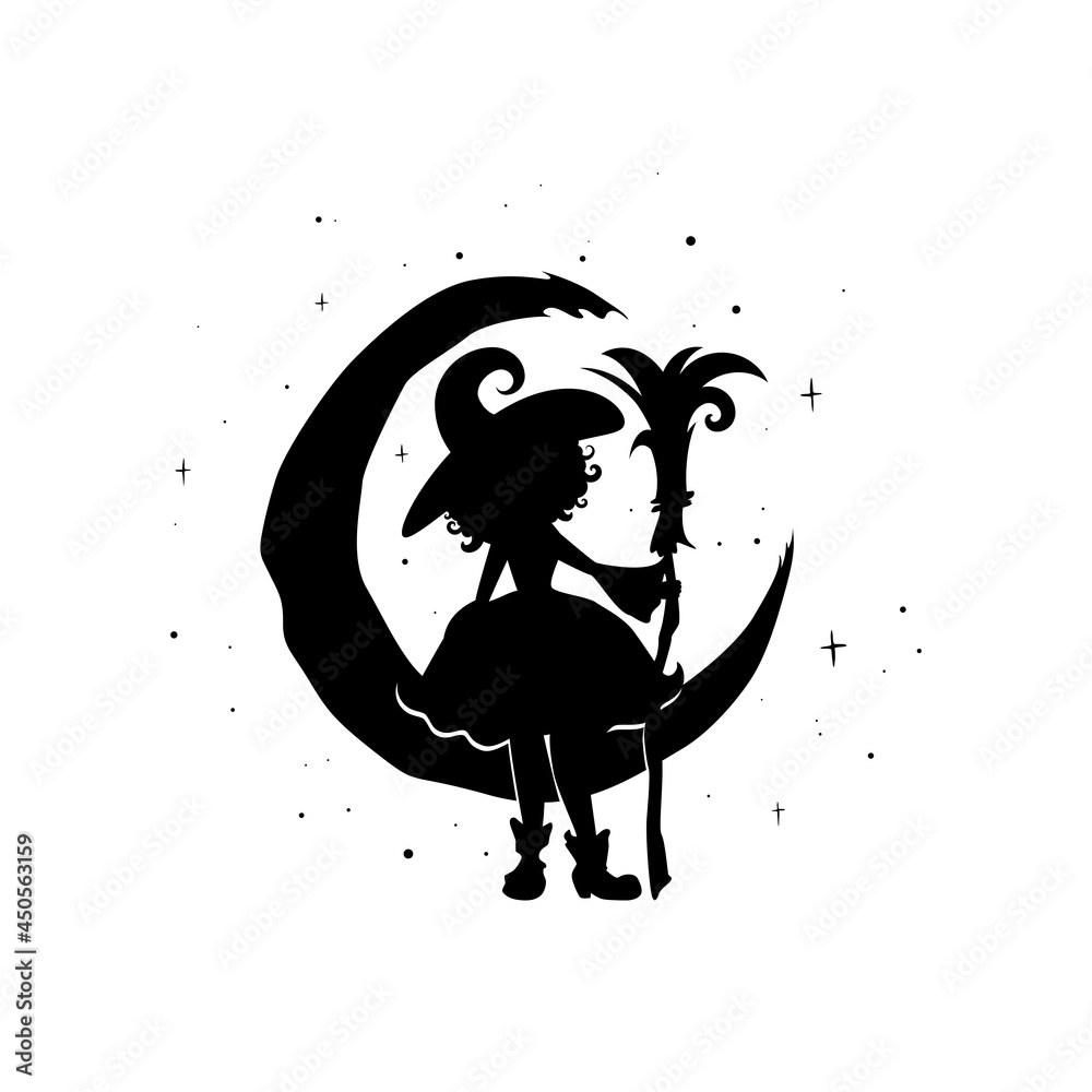 Black witch with broom and crescent in the night sky. Half moon and stars and hag in hat. Black witch with broom and crescent in the night sky. Half moon and stars and hag in hat.
