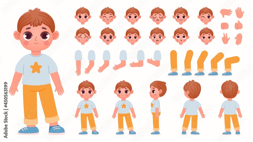Cartoon boy character constructor with body parts and face emotions. Child expressions, leg poses and hand gestures for animation vector set Cartoon boy character constructor with body parts and face emotions. Child expressions, leg poses and hand gestures for animation vector set