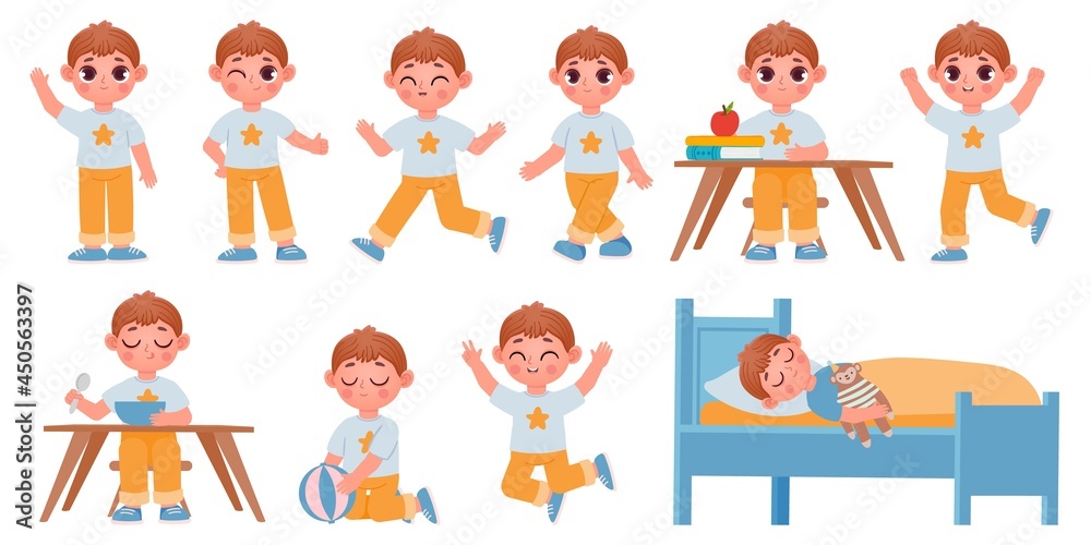 Cartoon kid boy character poses, gestures and expressions for animation. Happy school child playing, sleeping, waving and running vector set