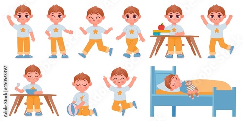 Cartoon kid boy character poses, gestures and expressions for animation. Happy school child playing, sleeping, waving and running vector set