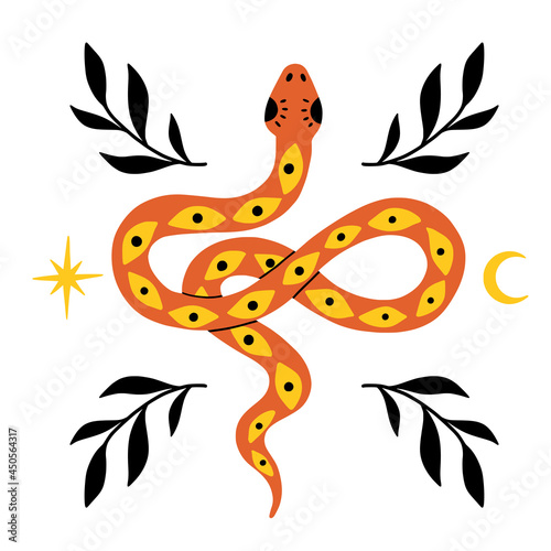 Esoteric concept illustration. Flat mystic plants, magic snake and doodles