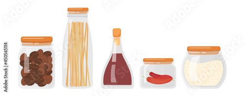 Set of kitchen food storage containers with pasta, flour, coffee beans, peas and hot peppers on white background. Sealed glass transparent boxes for dry bulk products. Flat cartoon vector illustration