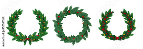 Realistic merry christmas natural wreaths with pine branches. Green fir wreath decorated with holly leaves, red berry and balls vector set