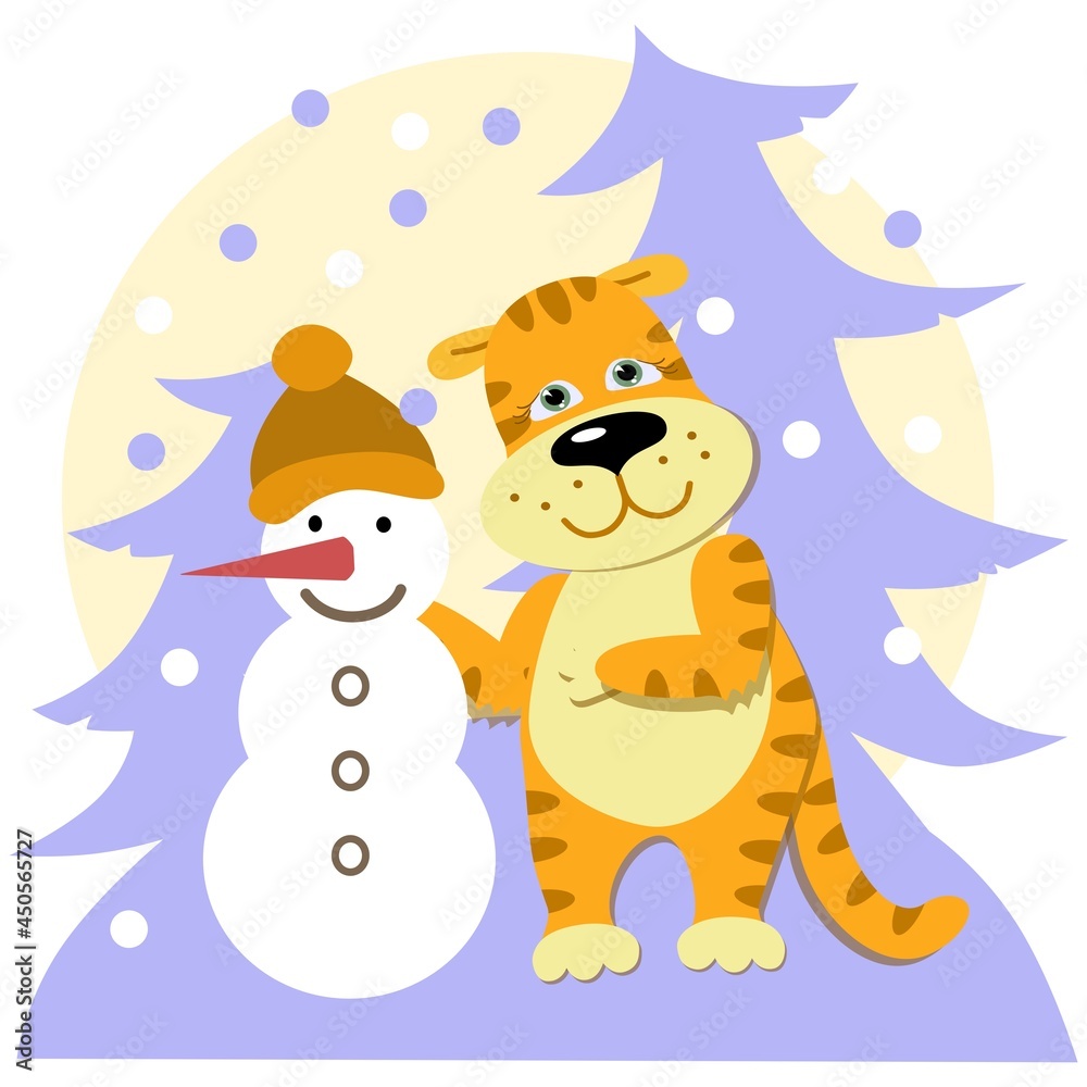 Cute orange tiger cub sculpts a snowman on the street against the background of Christmas trees, snow is falling. Cute orange tiger cub sculpts a snowman on the street against the background of Christmas trees, snow is falling.