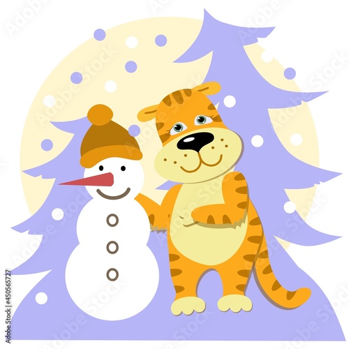 Cute orange tiger cub sculpts a snowman on the street against the background of Christmas trees  snow is falling. 