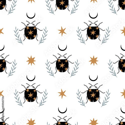 Seamless pattern with bug, leaves and stars