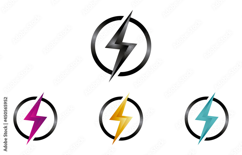 Thunder Bolt Lightning Logo Design Set Concept in a Black Circle. Thunder Bolt Lightning Logo Design Set Concept in a Black Circle.