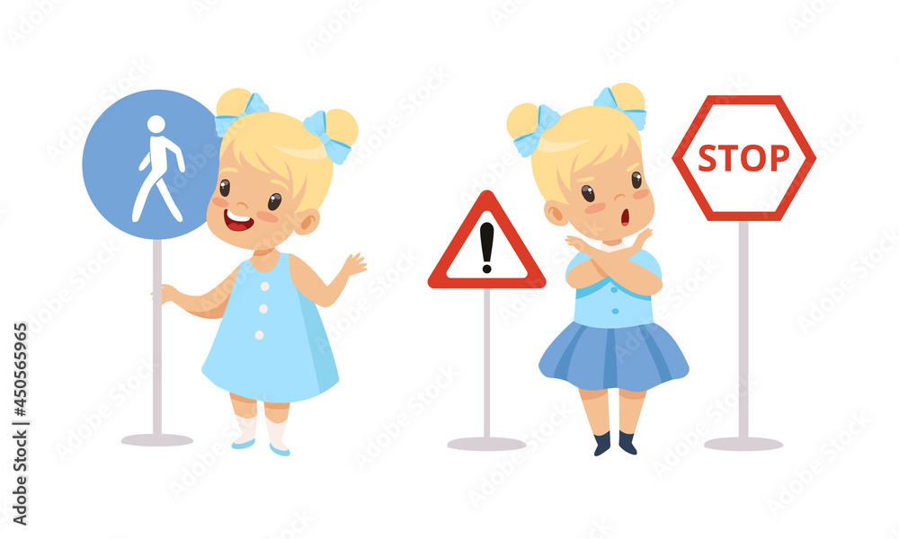 Little Blond Girl Pedestrian Learning Road Sign and Traffic Rule Vector Set Little Blond Girl Pedestrian Learning Road Sign and Traffic Rule Vector Set
