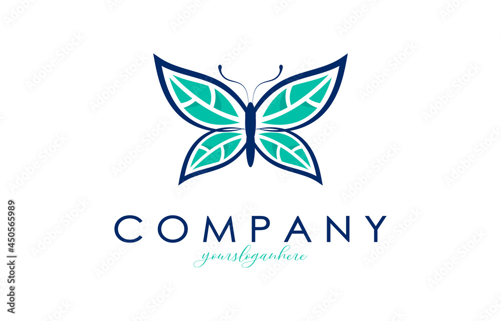Eco Bio Butterfly with Leaves Logo Concept in Green and Blue colors. Vector Illustration.