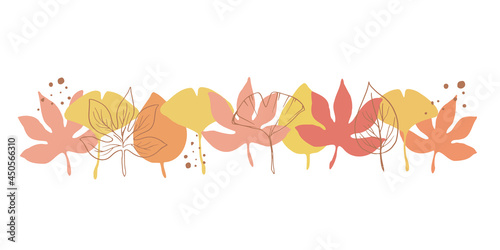 秋の植物セット　紅葉と銀杏の落ち葉と線画のシンプルセット