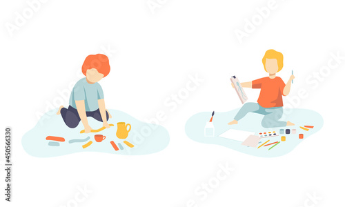 Creative Boy Sitting on the Floor Modeling from Plasticine and Painting with Aquarelle Vector Set