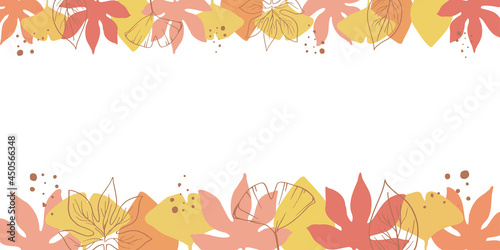 秋の植物セット　紅葉と銀杏の落ち葉と線画のシンプルフレーム上下セット