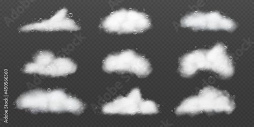 Soap foam with bubbles. Realistic shampoo white suds. Bath and shower lather clouds. Laundry detergent 3d washing foam textures vector set