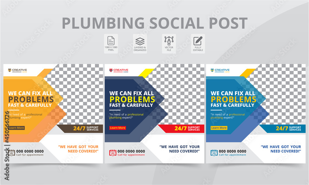 Fototapeta premium Premium Plumber Social Media Post Colorful Shapes Template. Modern Professional Plumbing Social Square Banner Layouts with Photo College for The Personal Blog Digital Marketing.