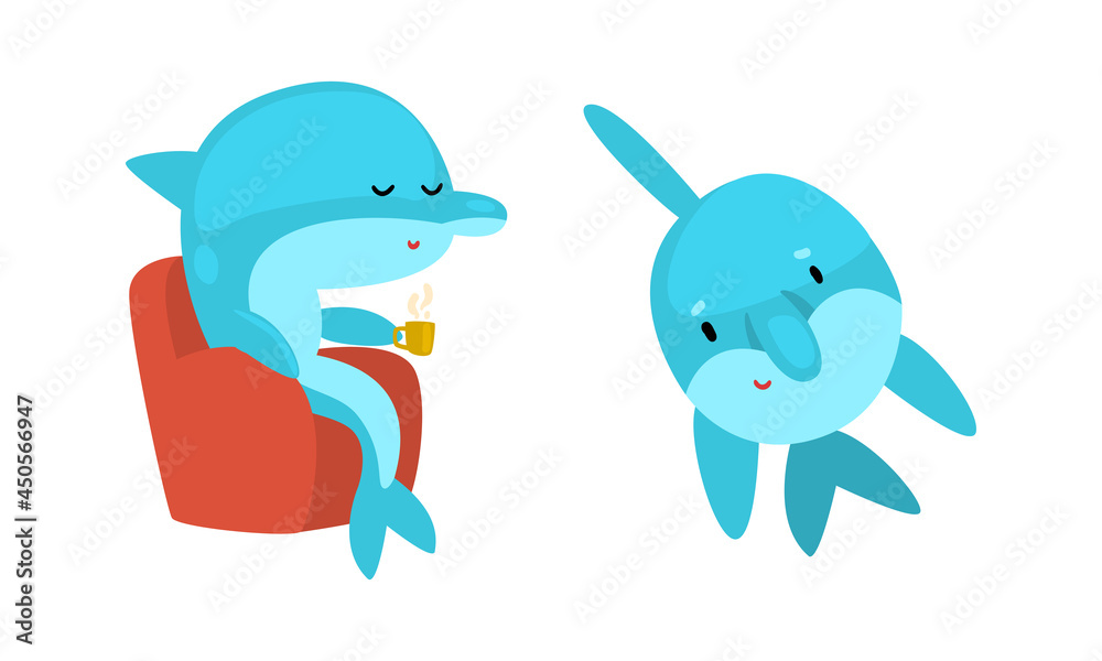 Obraz premium Blue Dolphin Character Floating and Drinking Tea in Armchair Vector Set