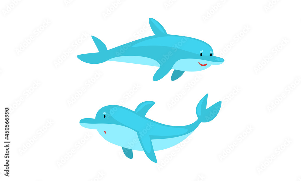 Blue Dolphin Character Swimming and Floating Deep in the Ocean Vector Set Blue Dolphin Character Swimming and Floating Deep in the Ocean Vector Set
