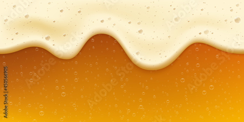 Realistic fresh golden beer with bubble and foam. Oktoberfest banner. Cool gold beverage. Craft beer festival celebration vector background