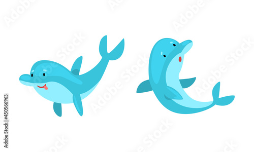 Blue Dolphin Character Swimming and Floating Deep in the Ocean Vector Set