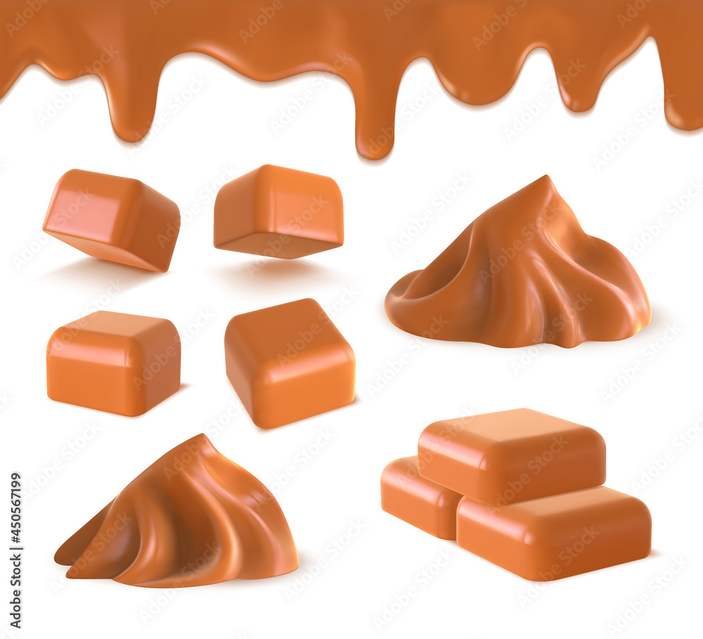 Realistic liquid caramel, cube toffee candies and peanut butter. 3D sweet melted caramel border and swirl. Condensed milk dessert vector set Realistic liquid caramel, cube toffee candies and peanut butter. 3D sweet melted caramel border and swirl. Condensed milk dessert vector set