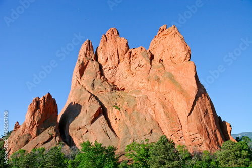 Garden of the Gods Monolith - Huge red rock outcropping rises into the bright blue spring sky at the Garden of the Gods in Colorado Springs  El Paso County  Colorado