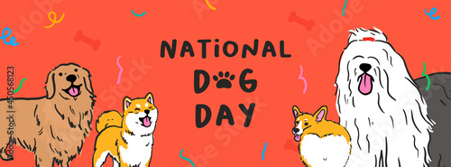 National Dog Day banner vector design. Cute golden retriever, Shiba inu, corgi and Old english sheepdog