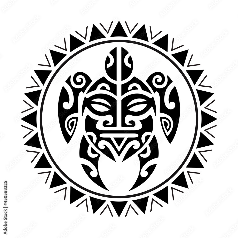 Obraz premium Sea turtle and face Maori style. Tattoo sketch round circle ornament