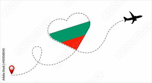 Airplane flight route with Bulgaria flag inside the heart. Travel to your favorite country.