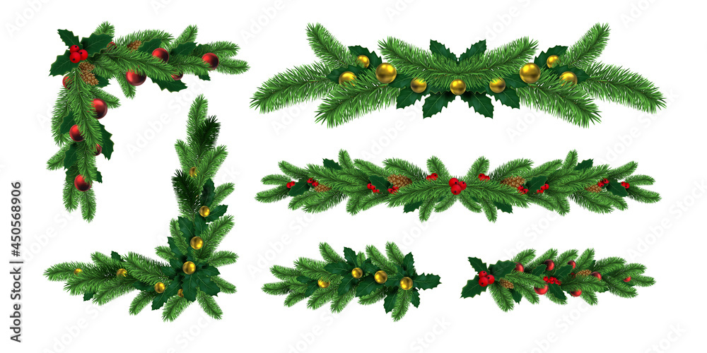 Realistic christmas tree garlands borders and frame corners. Winter