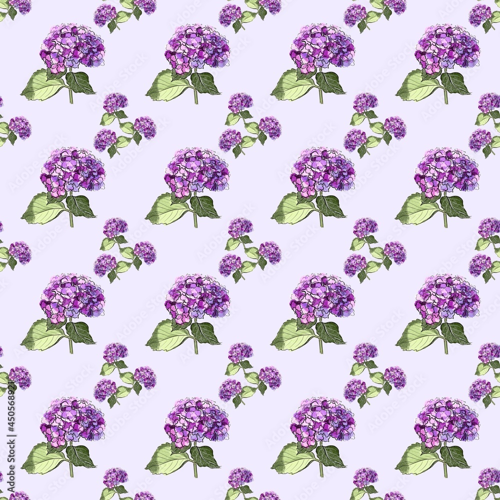 Seamless floral pattern with purple hydrangea on a violet background 