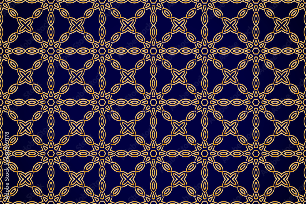 3d volumetric convex embossed geometric dark blue background with ethnic original gold pattern. Oriental, Asian, Indian ornament in the style of openwork arabesque for design and decoration. 3d volumetric convex embossed geometric dark blue background with ethnic original gold pattern. Oriental, Asian, Indian ornament in the style of openwork arabesque for design and decoration.