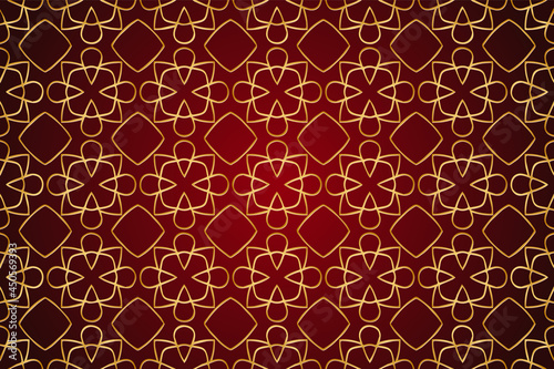 3D volumetric convex embossed geometric dark red background with ethnic unique figured gold pattern. Oriental, Asian, Indian ornament in the style of openwork arabesque for design and decoration.