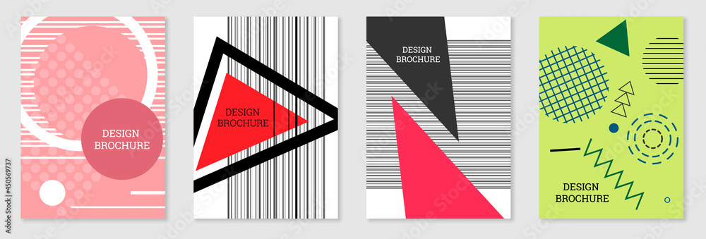 Set of cover design in Memphis style. Geometric design, abstract background. Fashionable bright cover, banner, poster, booklet. Creative colors. Set of cover design in Memphis style. Geometric design, abstract background. Fashionable bright cover, banner, poster, booklet. Creative colors.