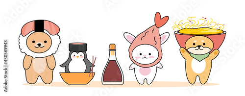 Set of animals with japanese food on head on white background. Hand drawn rabbit, dog, penguin, bear. Cute cartoon character design. Animal doodle. Flat cartoon vector illustration
